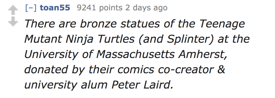 number - toan55 9241 points 2 days ago There are bronze statues of the Teenage Mutant Ninja Turtles and Splinter at the University of Massachusetts Amherst, donated by their comics cocreator & university alum Peter Laird.
