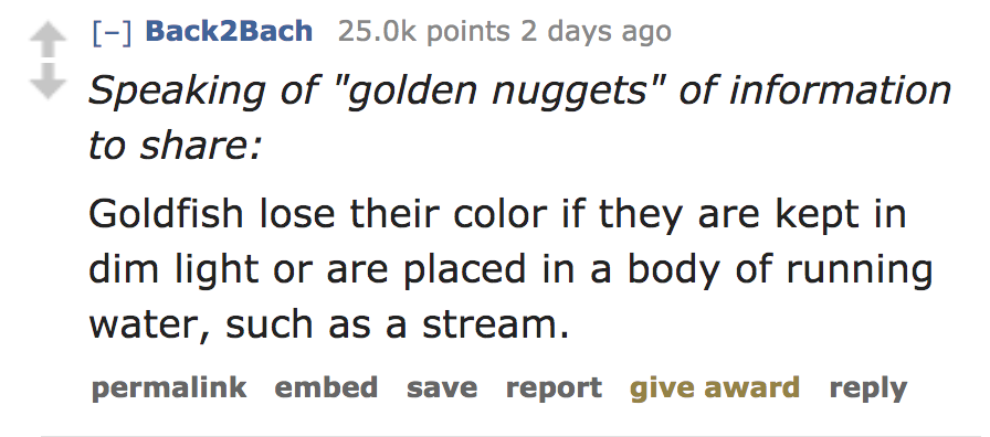 angle - Back2Bach points 2 days ago Speaking of "golden nuggets" of information to Goldfish lose their color if they are kept in dim light or are placed in a body of running water, such as a stream. permalink embed save report give award