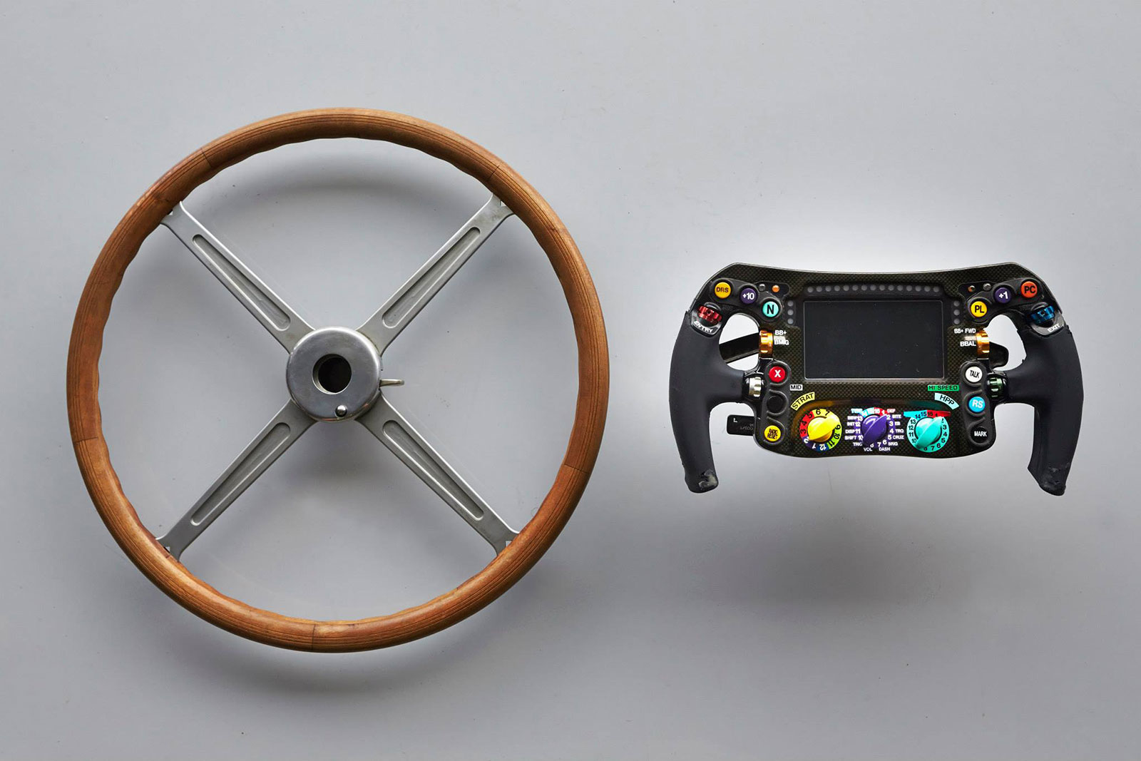  Mercedes F1 steering wheels from 1954 and present.