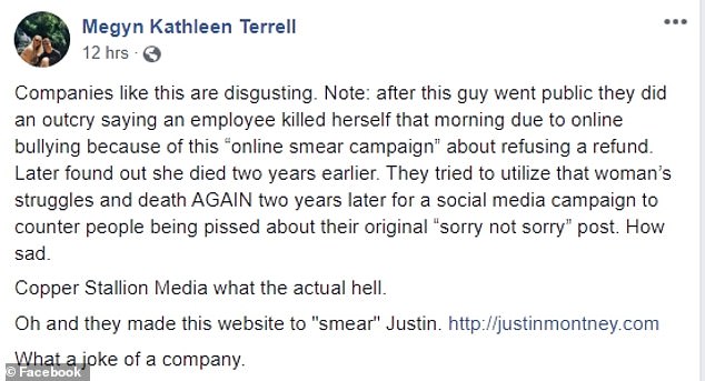 document - Megyn Kathleen Terrell 12 hrs Companies this are disgusting. Note after this guy went public they did an outcry saying an employee killed herself that morning due to online bullying because of this online smear campaign" about refusing a refund