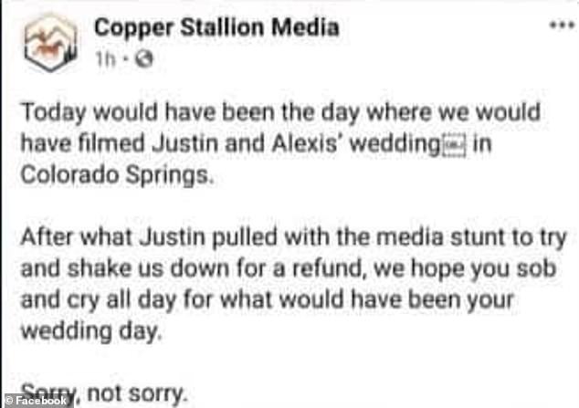 Copper Stallion Media 1h. Today would have been the day where we would have filmed Justin and Alexis' weddinge in Colorado Springs After what Justin pulled with the media stunt to try and shake us down for a refund, we hope you sob and cry all day for wha