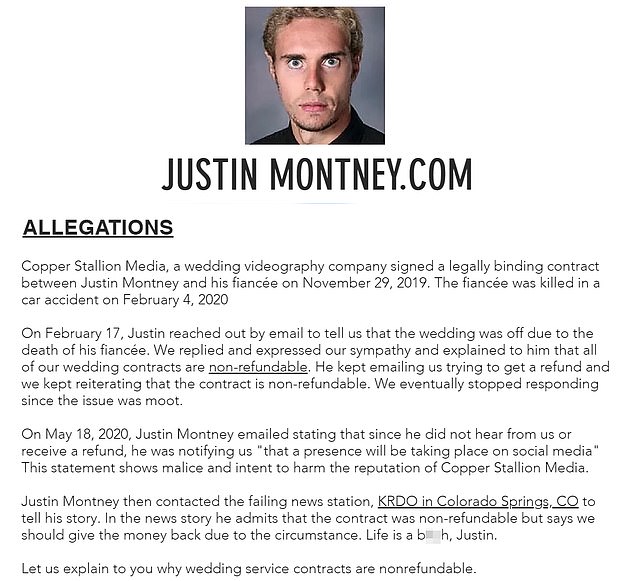 human behavior - Justin Montney.Com Allegations Copper Stallion Media, a wedding videography company signed a legally binding contract between Justin Montney and his fiance on . The fiance was killed in a car accident on On February 17, Justin reached out