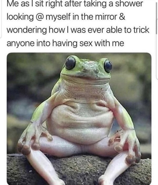 sitting on the toilet before a shower - Me as I sit right after taking a shower looking @ myself in the mirror & wondering how I was ever able to trick anyone into having sex with me