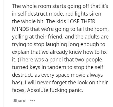 handwriting - The whole room starts going off that it's in self destruct mode, red lights siren the whole bit. The kids Lose Their Minds that we're going to fail the room, yelling at their friend, and the adults are trying to stop laughing long enough to 