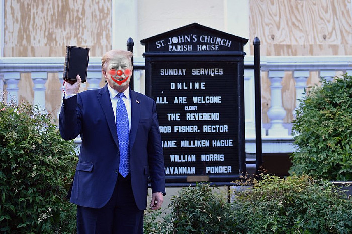 trump holding a bible meme - clown makeup