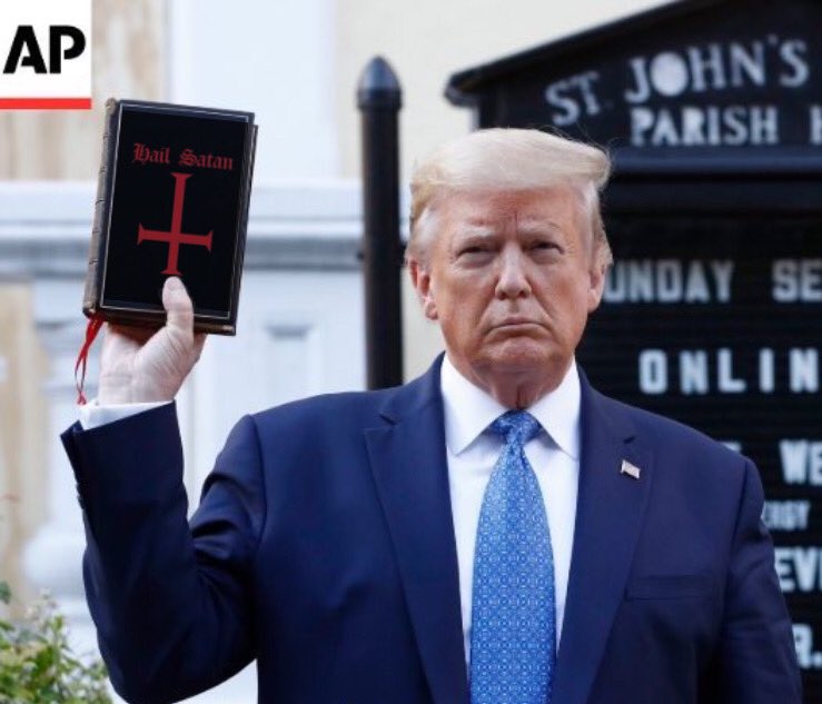 trump holding a bible meme - hail Satan
