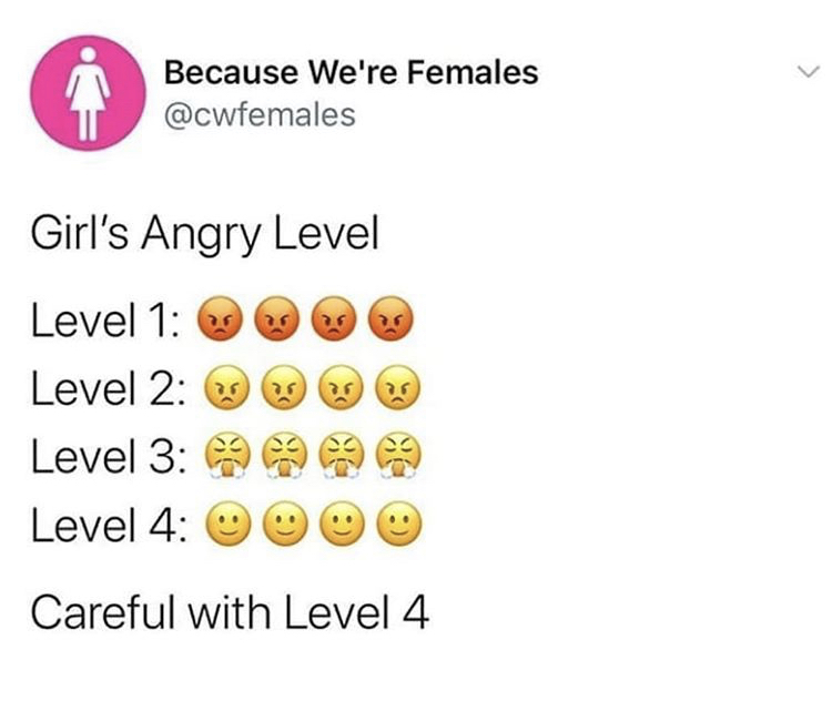 Feeling - Because We're Females Girl's Angry Level 35 Level 1 U Level 2 Level 3 9 Level 4 Careful with Level 4