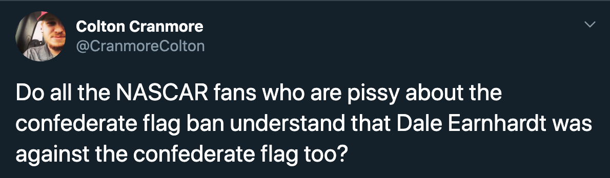 Do all the Nascar fans who are pissy about the confederate flag ban understand that Dale Earnhardt was against the confederate flag too?