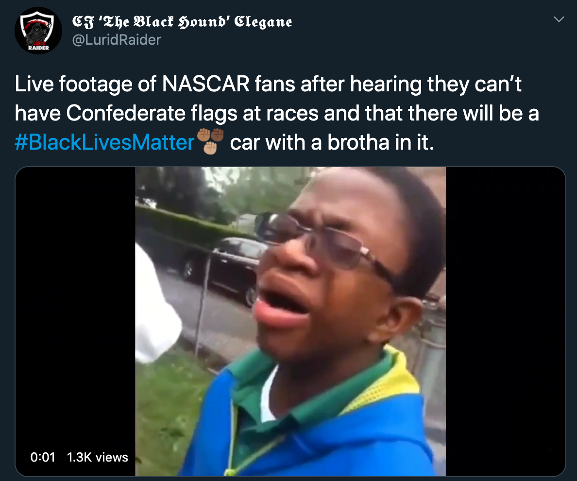 Live footage of Nascar fans after hearing they can't have Confederate flags at races and that there will be a car with a brotha in it.