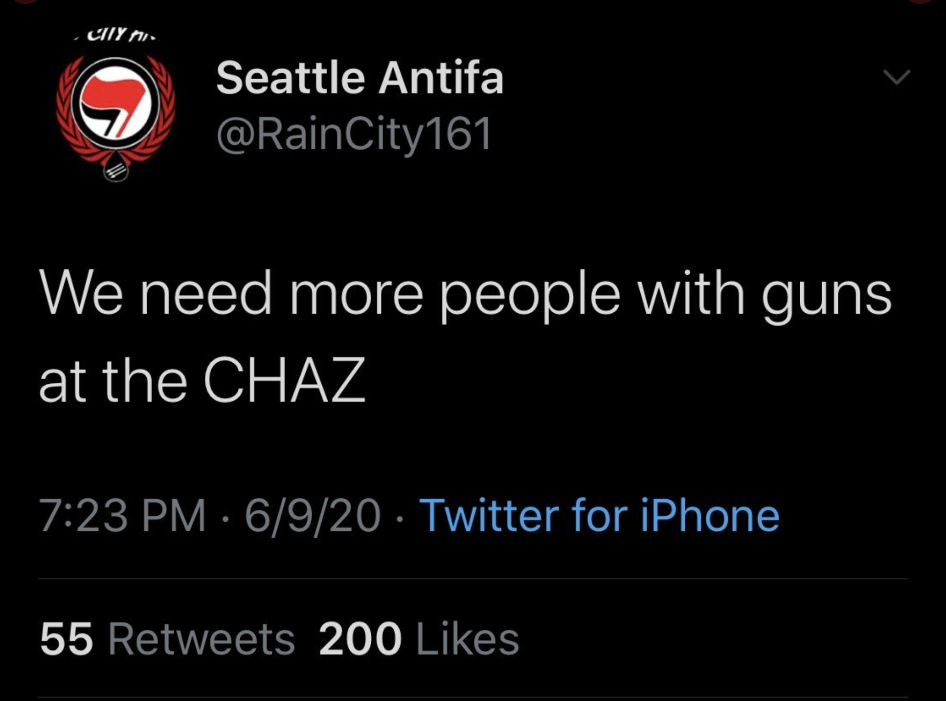 screenshot - Ciiy ni Seattle Antifa We need more people with guns at the Chaz 6920 Twitter for iPhone 55 200
