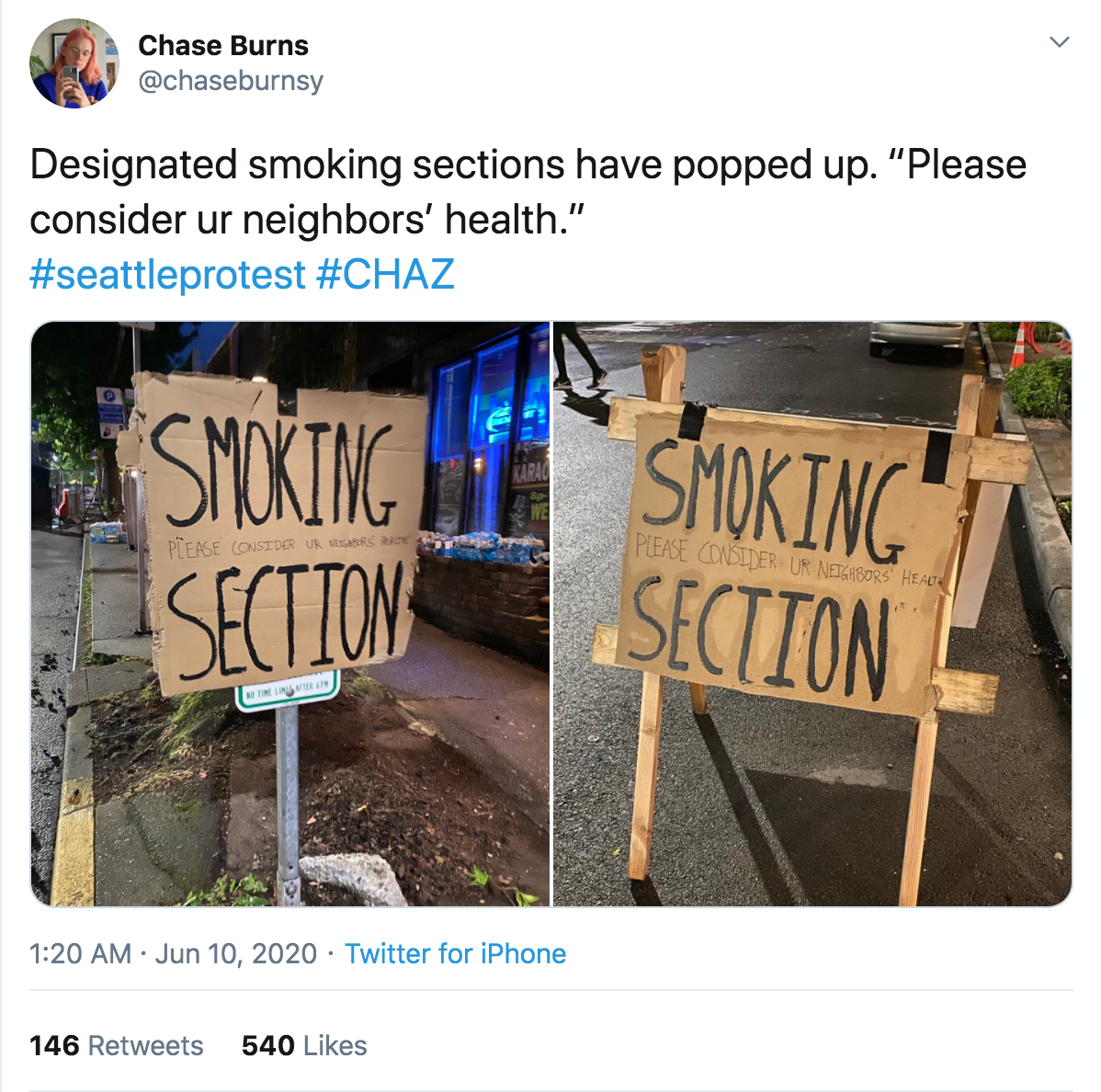 As well, people have created their own 'smoking sections' with signs that read, "please consider your neighbor's health". 