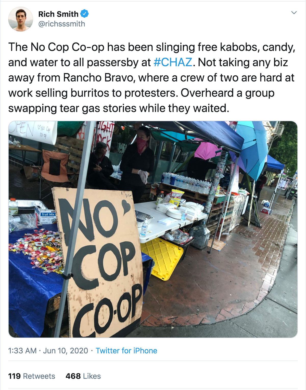 And so far, things have been peaceful (duh). People have set up farmers' markets (shocking) and have been playing music and selling food in the streets. 