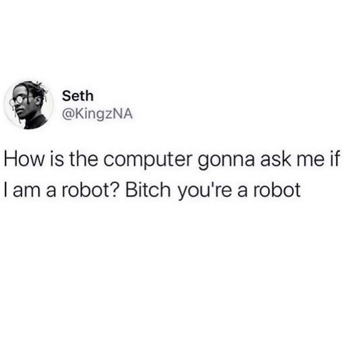 good night fbi agent - Seth How is the computer gonna ask me if I am a robot? Bitch you're a robot