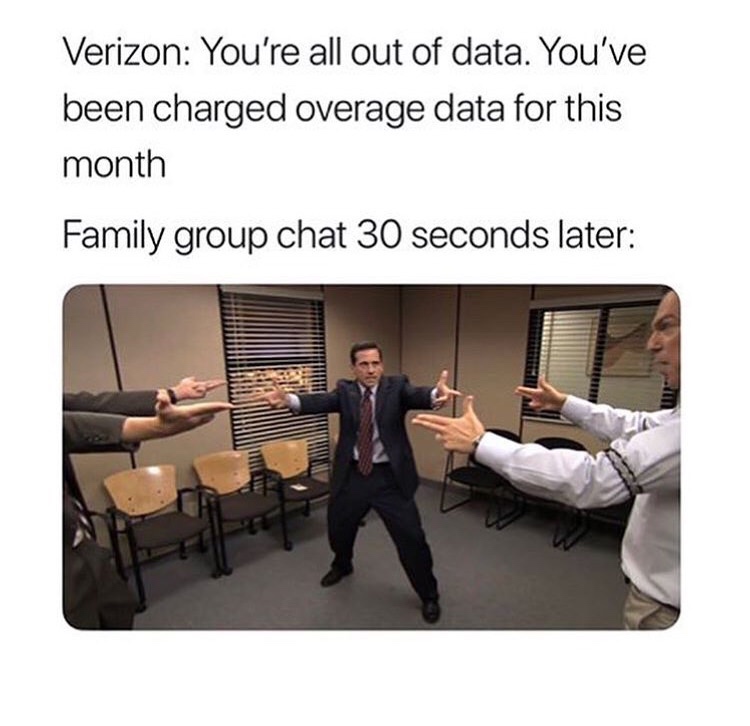 mexican standoff meme - Verizon You're all out of data. You've been charged overage data for this month Family group chat 30 seconds later