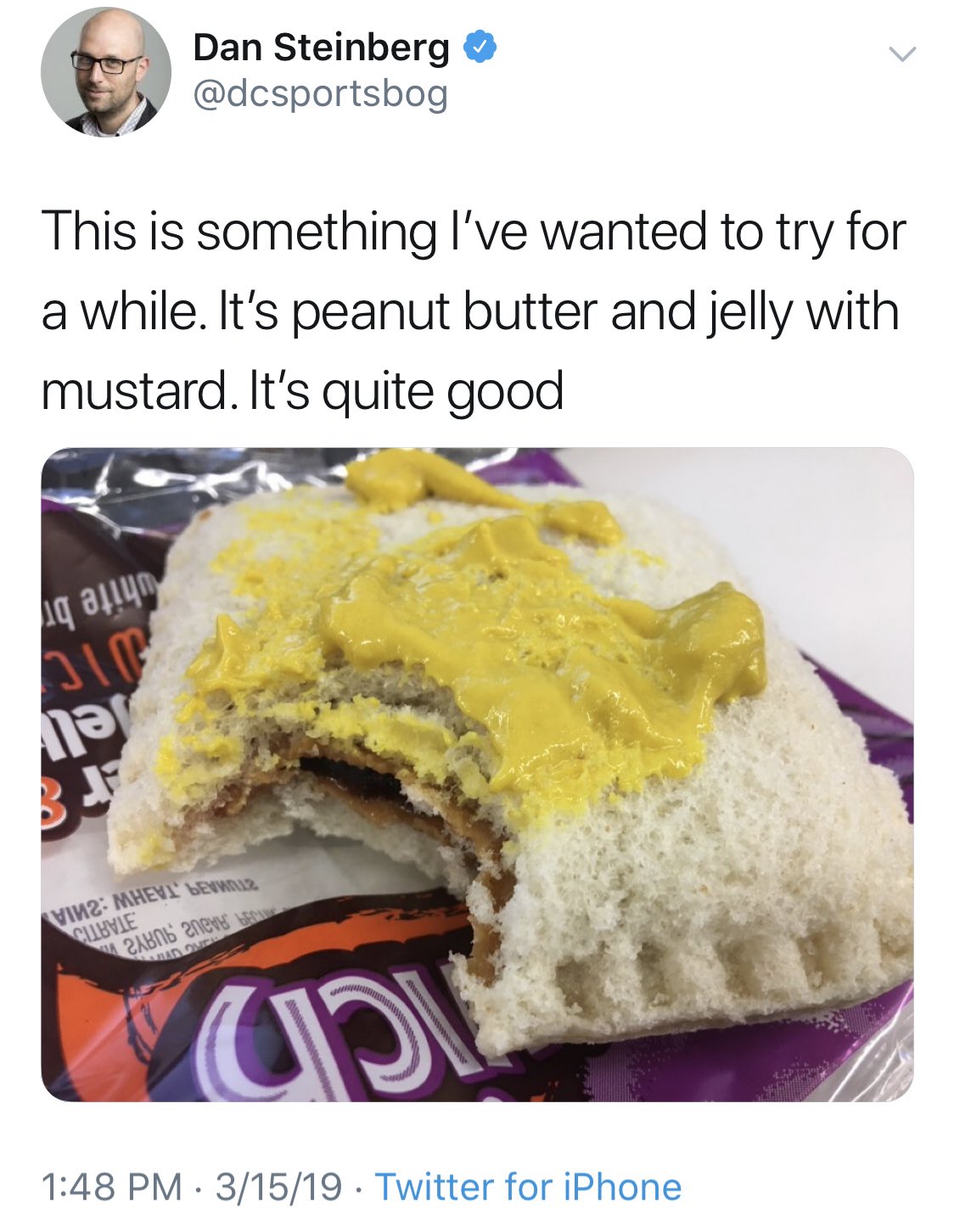 recipe - Dan Steinberg This is something I've wanted to try for a while. It's peanut butter and jelly with mustard. It's quite good 1qafiyn Sie 184 V142 Mhevi Dev Cubvie Zabnd neve bo Adom u 31519 Twitter for iPhone