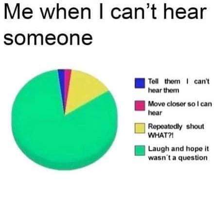 pie chart memes - Me when I can't hear someone Tell thom can't hear them Move closer so I can hear Repeatedly shout What?! Laugh and hope it wasn't a question