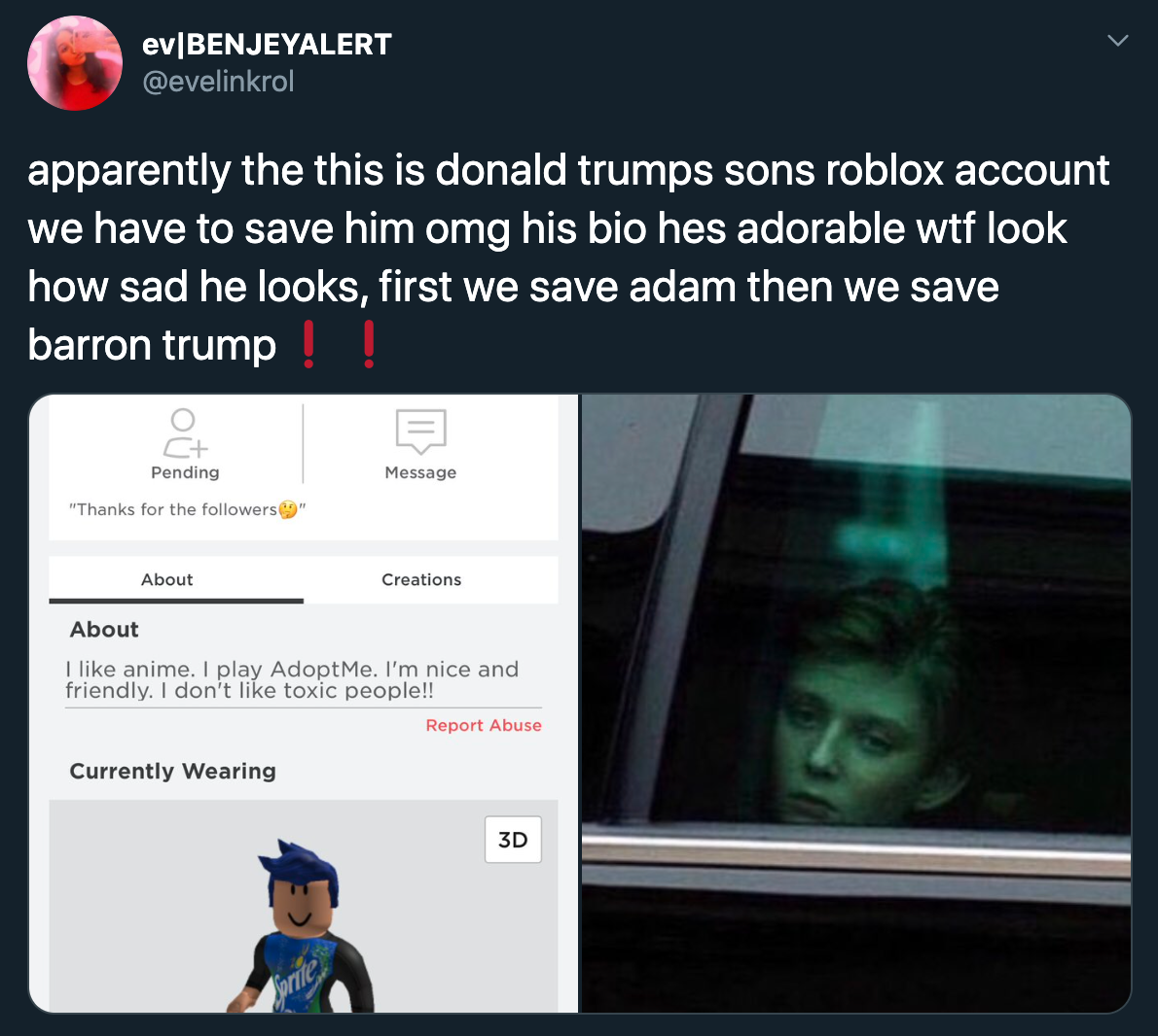 apparently the this is donald trumps sons roblox account we have to save him omg his bio hes adorable wtf look how sad he looks, first we save adam then we save barron trump! Message Pending "Thanks for the ers About Creations About anime. I…