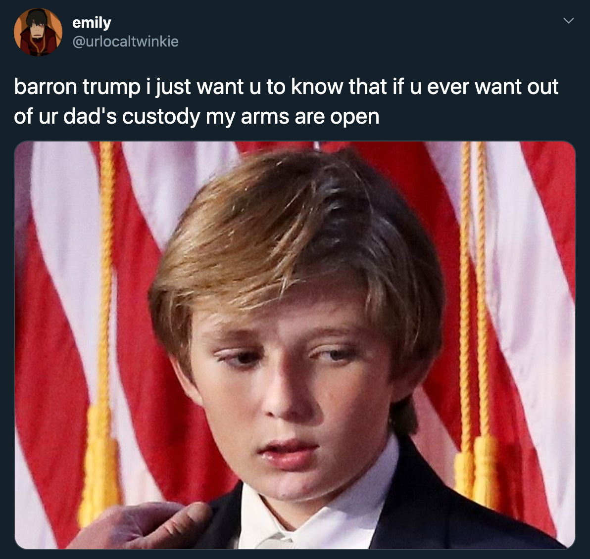 barron trump i just want u to know that if u ever want out of ur dad's custody my arms are open