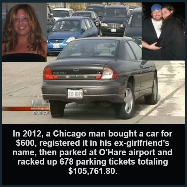 O'Hare International Airport - 00 8079 9.3093 In 2012, a Chicago man bought a car for $600, registered it in his exgirlfriend's name, then parked at O'Hare airport and racked up 678 parking tickets totaling $105,761.80.