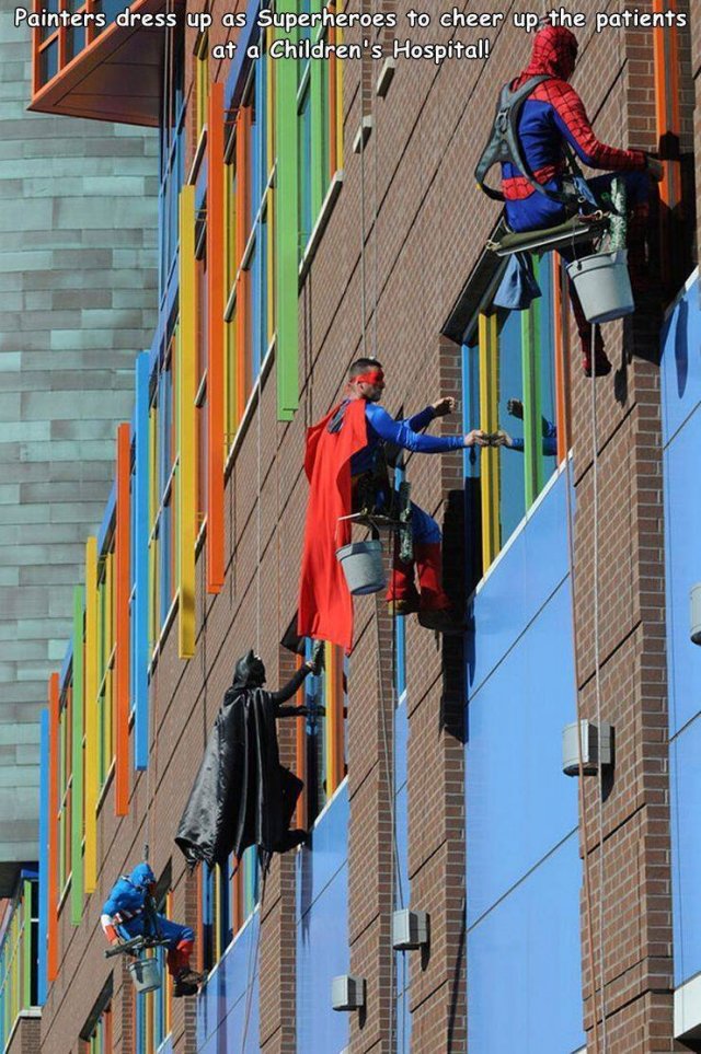 window washers children's hospital - Painters dress up as Superheroes to cheer up the patients at a Children's Hospital!