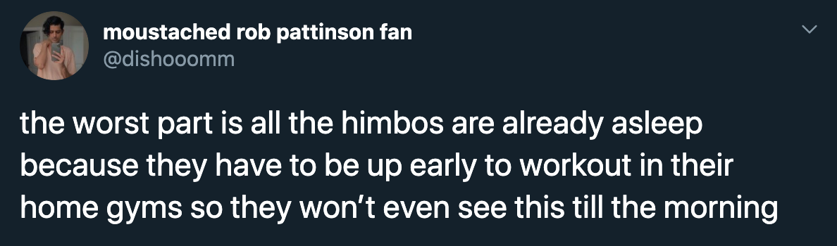 the worst part is all the himbos are already asleep because they have to be up early to workout in their home gyms so they won't even see this till the morning