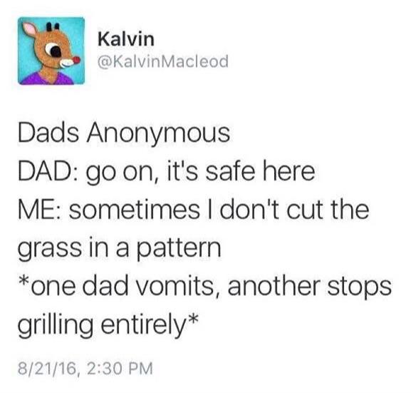 Dads Anonymous Dad go on, it's safe here Me sometimes I don't cut the grass in a pattern one dad vomits, another stops grilling entirely