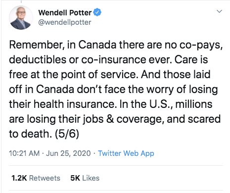 health insurance executive - L Wendell Potter Remember, in Canada there are no copays, deductibles or coinsurance ever. Care is free at the point of service. And those laid off in Canada don't face the worry of losing their health insurance. In the U.S
