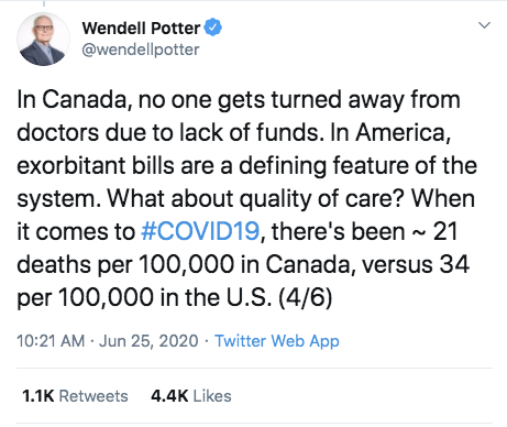 health insurance executive -  Wendell Potter In Canada, no one gets turned away from doctors due to lack of funds. In America, exorbitant bills are a defining feature of the system. What about quality of care? When it comes to , there's been ~ 21 deaths p