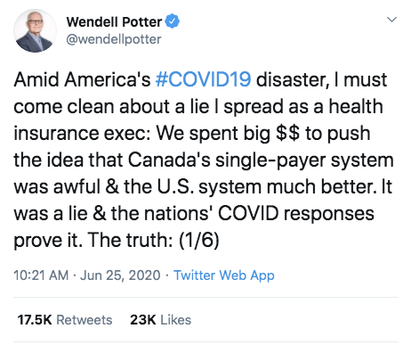 health insurance executive -   Wendell Potter Amid America's disaster, I must come clean about a liel spread as a health insurance exec We spent big $$ to push the idea that Canada's singlepayer system was awful & the U.S. system much better. It was a lie