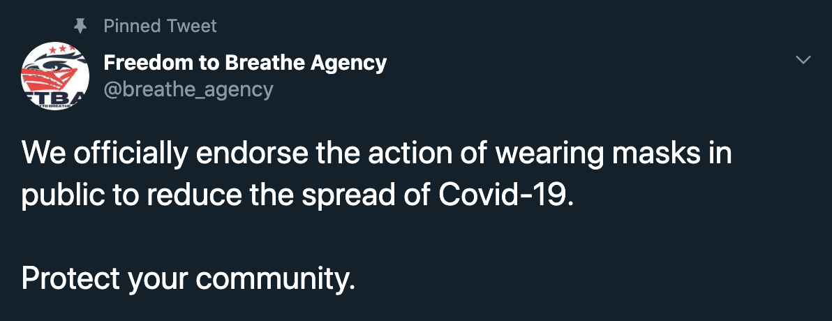 Freedom to Breathe Agency We officially endorse the action of wearing masks in public to reduce the spread of Covid19. Protect your community.