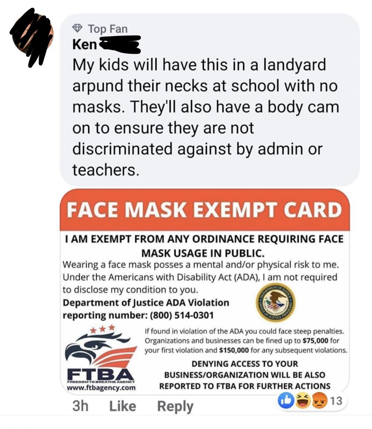 My kids will have this in a landyard arpund their necks at school with no masks. They'll also have a body cam on to ensure they are not discriminated against by admin or teachers. Face Mask Exempt Card Tartate Ouest I Am Exempt From Any…
