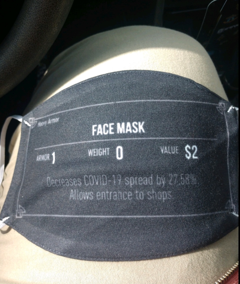 personal protective equipment - Face Mask Weight 0 Value $2 Berseases Covid19 spread by 2758% Allows entrance to shops.