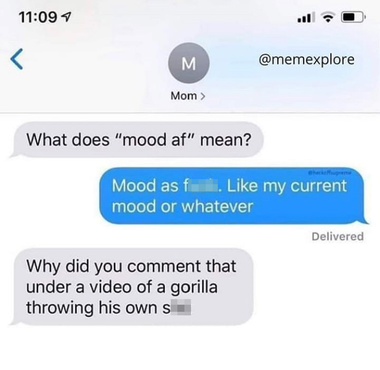 What does mood af mean? mood as fuck. like my current mood or whatever. why did you comment that under a video of a gorilla throwing his own shit?