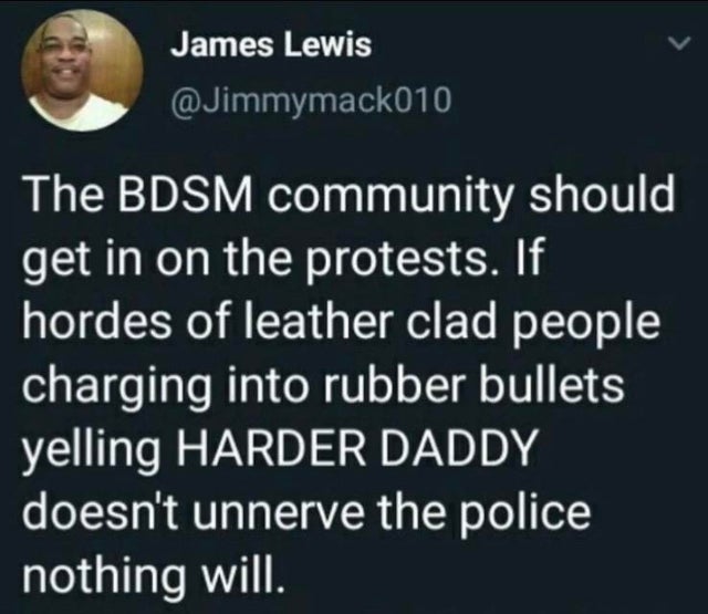 lyrics - James Lewis The Bdsm community should get in on the protests. If hordes of leather clad people charging into rubber bullets yelling Harder Daddy doesn't unnerve the police nothing will.