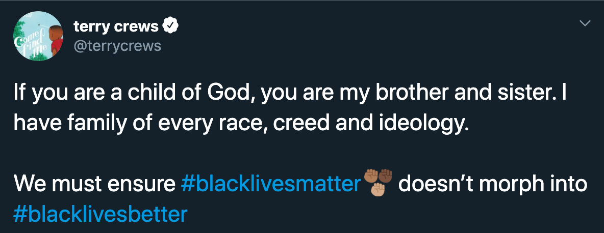 terry crews If you are a child of God, you are my brother and sister. I have family of every race, creed and ideology. doesn't morph into We must ensure black lives matter doesn't morph into black lives better