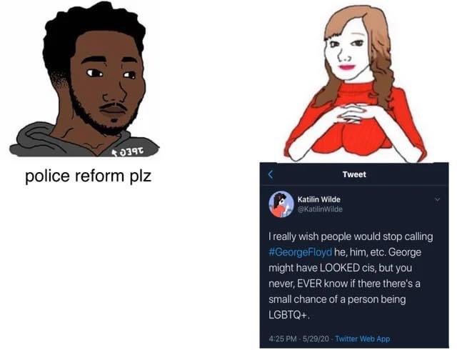 police reform plz - I really wish people would stop calling he, him, etc. George might have Looked cis, but you never, Ever know if there there's a small chance of a person being Lgbtq.