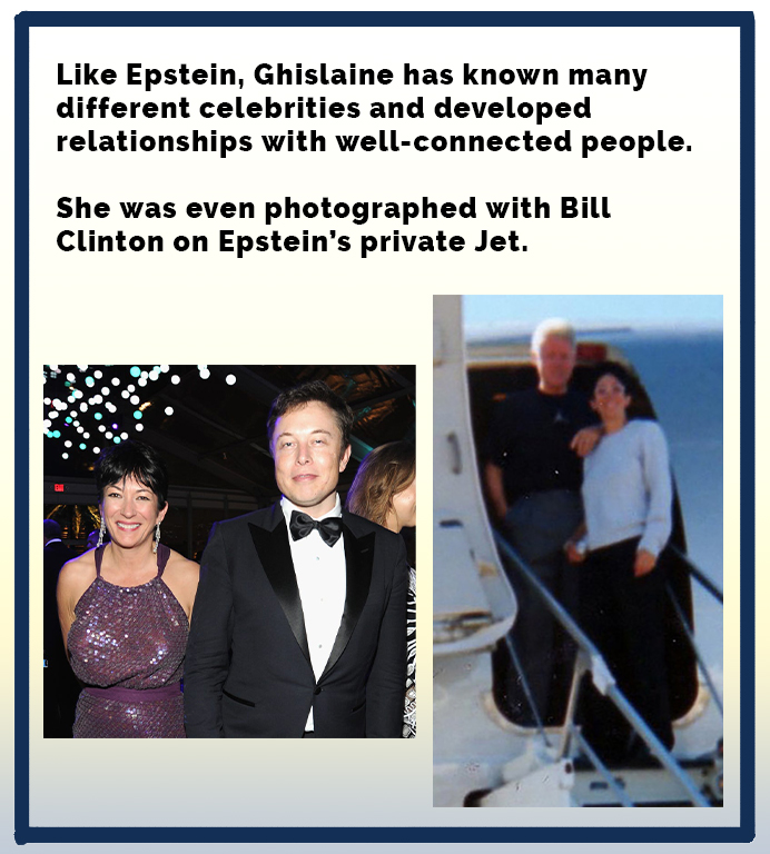 Epstein, Ghislaine has known many different celebrities and developed relationships with wellconnected people. She was even photographed with Bill Clinton on Epstein's private Jet.