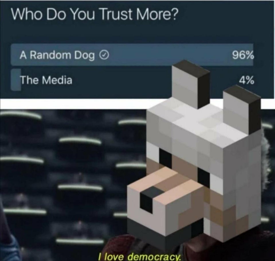 Who Do You Trust More? A Random Dog 96% The Media 4% I love democracy.