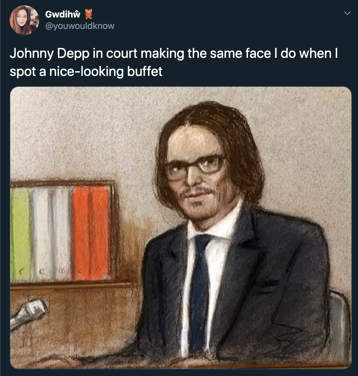 Johnny Depp in court making the same face l do when I spot a nice looking buffet