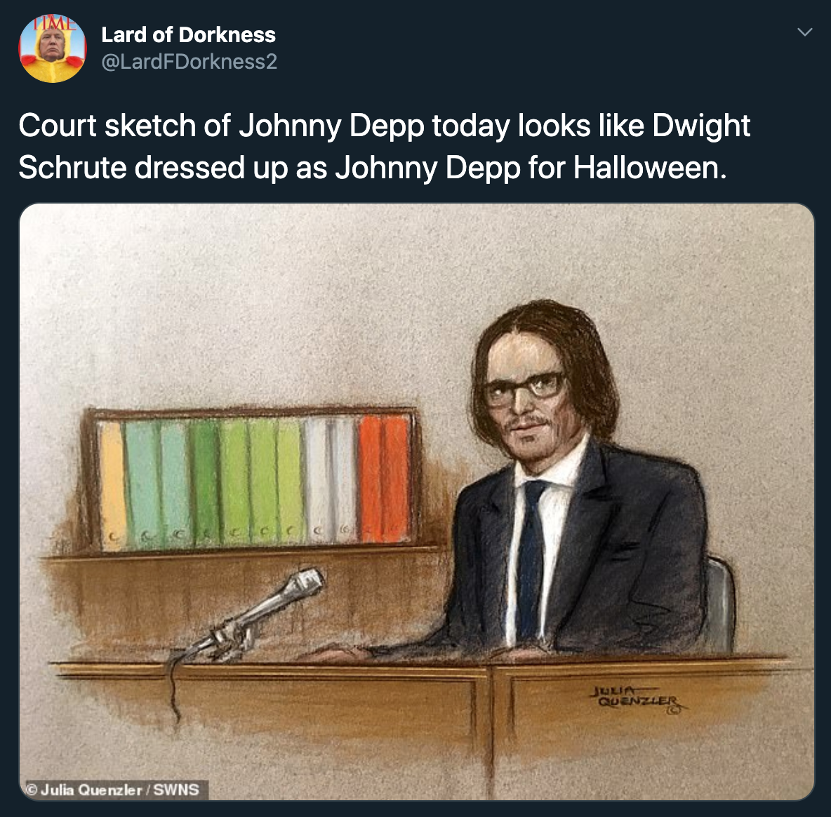 Court sketch of Johnny Depp today looks Dwight Schrute dressed up as Johnny Depp for Halloween.