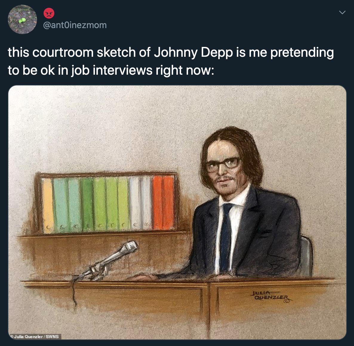 this courtroom sketch of Johnny Depp is me pretending to be ok in job interviews right now