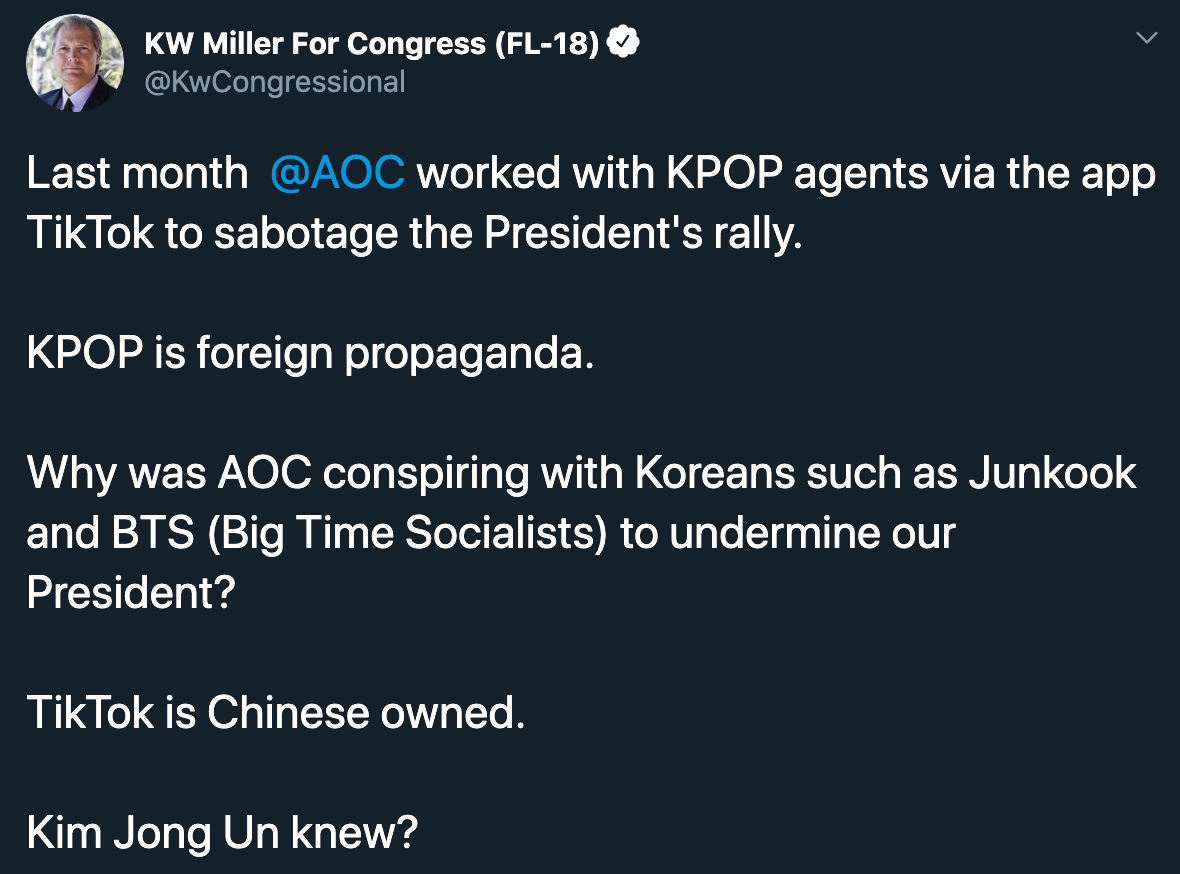 net cetera - Kw Miller For Congress Fl18 Last month worked with Kpop agents via the app TikTok to sabotage the President's rally. Kpop is foreign propaganda. Why was Aoc conspiring with Koreans such as Junkook and Bts Big Time Socialists to undermine our 