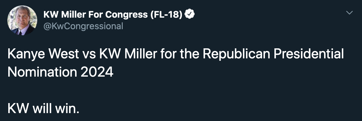 rich the kid tweets - Kw Miller For Congress Fl18 Kanye West vs Kw Miller for the Republican Presidential Nomination 2024 Kw will win.
