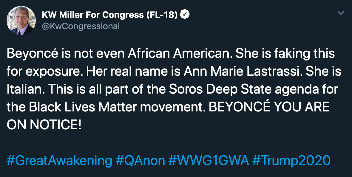 atmosphere - Kw Miller For Congress Fl18 Beyonc is not even African American. She is faking this for exposure. Her real name is Ann Marie Lastrassi. She is Italian. This is all part of the Soros Deep State agenda for the Black Lives Matter movement. Beyon