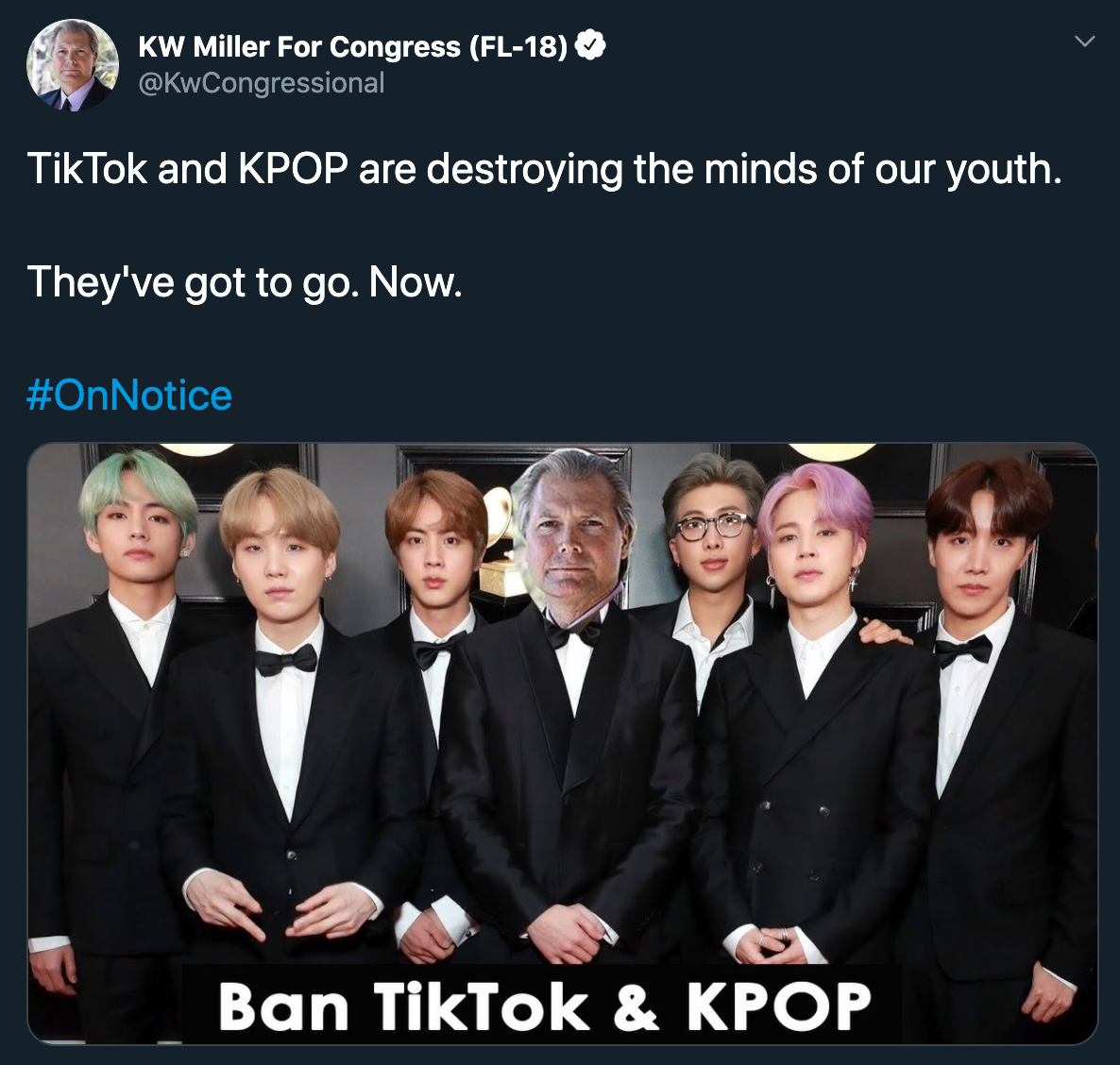 bts army - Kw Miller For Congress Fl18 Tik Tok and Kpop are destroying the minds of our youth. They've got to go. Now. Ban TikTok & Kpop