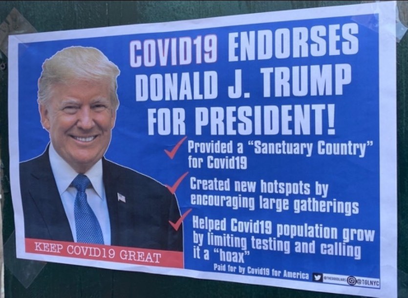 COVID19 Endorses Donald J. Trump For President! Provided a Sanctuary Country" for Covid19 Created new hotspots by encouraging large gatherings Helped Covid19 population grow by limiting testing and calling it a "hoax" Keep COVID19 Great Paid for by Covid1