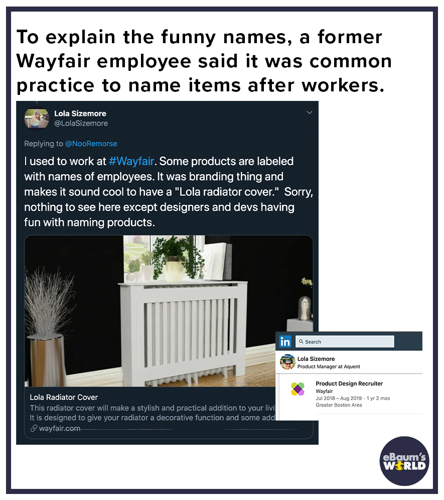 wayfair conspiracy theory - furniture - To explain the funny names, a former Wayfair employee said it was common practice to name items after workers. Lola Sizemore I used to work at . Some products are labeled with names of employees. It was branding thi