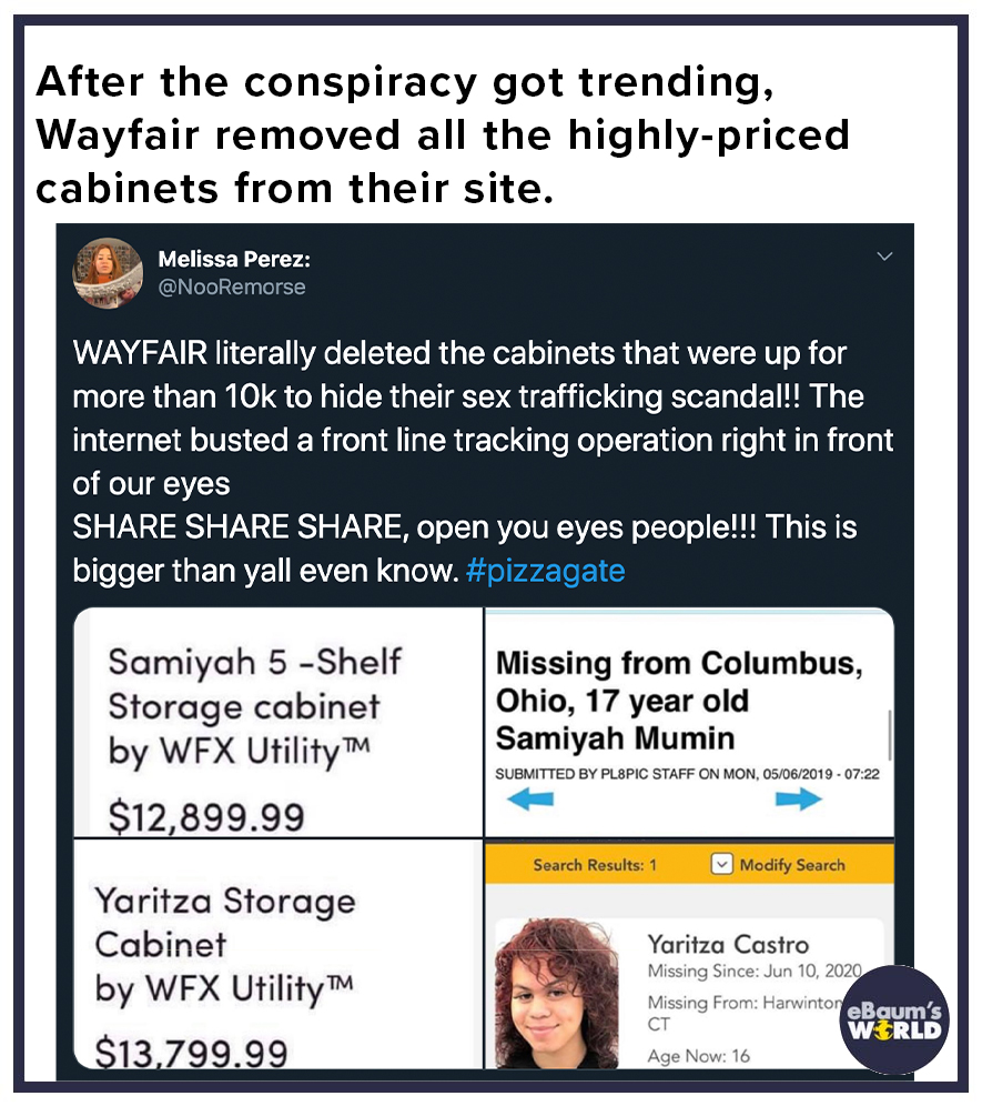 wayfair conspiracy theory - ebaumsworld - After the conspiracy got trending, Wayfair removed all the highlypriced cabinets from their site. Melissa Perez Wayfair literally deleted the cabinets that were up for more than 10k to hide their sex trafficking s
