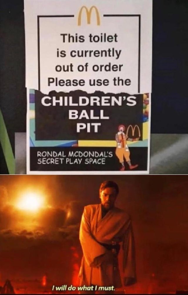 This toilet is currently out of order Please use the Children'S Ball Pit - I will do what I must.