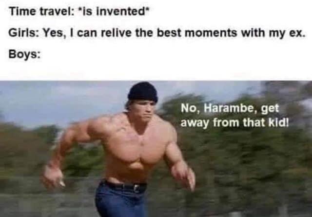 Time travel is invented. girls yes I can relive the best moments with my ex. boys no harambe get away from that kid
